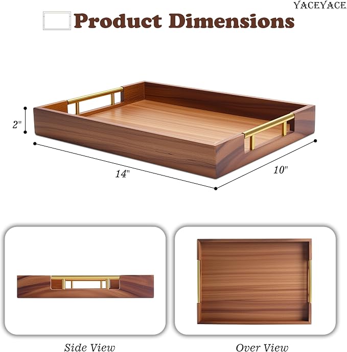Wooden Serving Tray with Metal Handles, 14" x 9.8" x 1.7" Small Serving Tray for Kitchen Counter, Ottoman Coffee Table, Bathroom, Home Decor