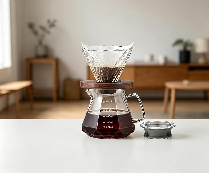 BeeCa Manual pour over coffee maker, Heat Resistant Glass | 20Oz+50 Filters 1-4 Cup, No plastic taste, Crystal clear glass, Dishwasher safe, Borosilicate glass