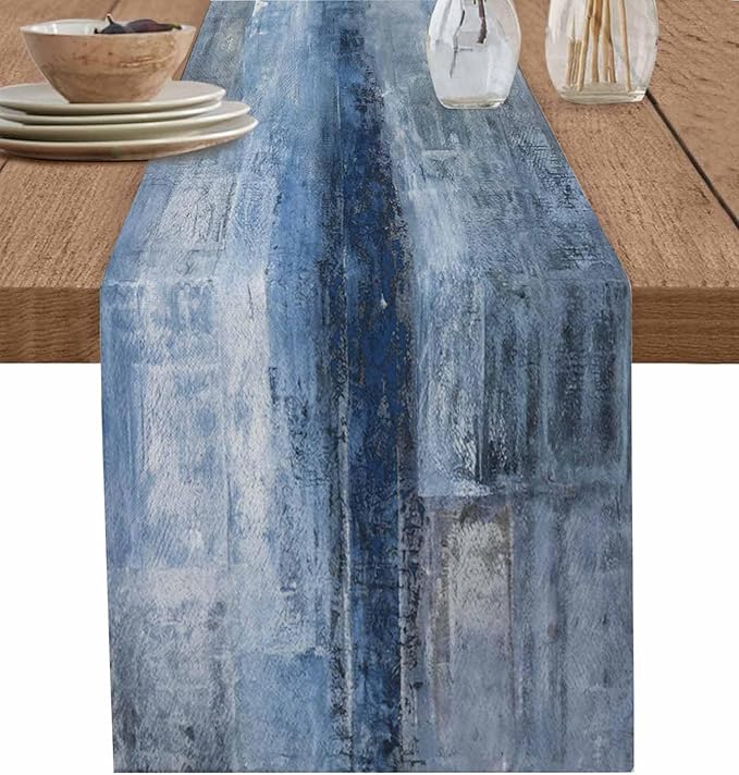Burlap Linen Table Runner - 70 Inch Long, Retro Rustic Art Abstract Modern Decor Kitchen Dining Table Runner Dresser Scarves, Blue Ombre Painting Farmhouse Decor for Coffee Table Wedding Party Banquet