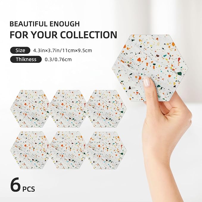 Beige Terrazzo Marble Hexagon Drinks Coasters Absorbent Stone with Holder Set of 6, Unique Fashion Luxury 3D Printing Art White/Cream Marbled Hexagonal Ceramic Coaster for Coffee Table Protection