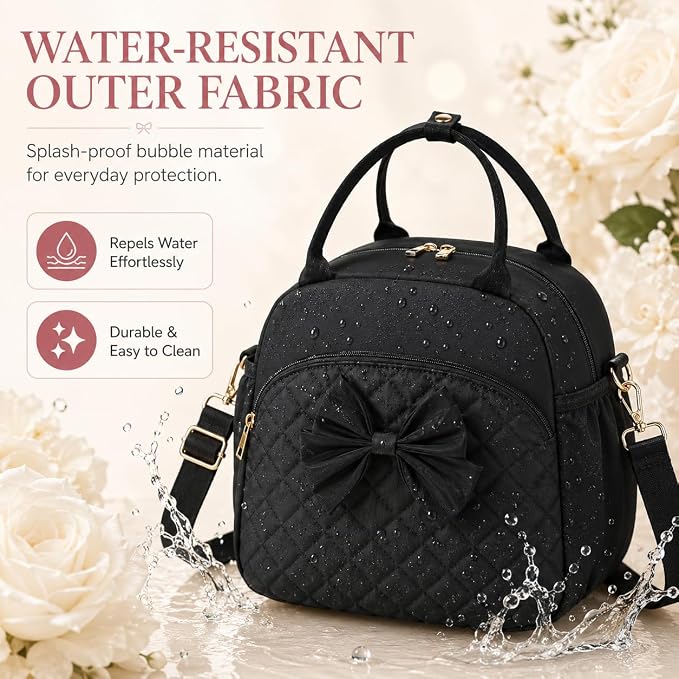 LEDAOU Lunch Box for Women, Insulated Lunch Bag Women with Adjustable Shoulder Strap, Cute Black Lunch Tote Bag for Work, Womens Lunch Bag with Bowknot, Front Zipper Pocket & Side Pockets