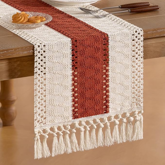 Socomi Boho Table Runner Summer Farmhouse Woven Cotton Linen Rustic Table Runner with Tassels for Dresser Scarf Home Decor Dining Room 12x90 inch Terracotta Ivory