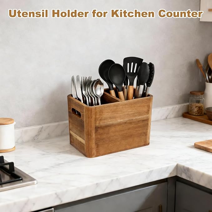 Utensil Holder, Kitchen Utensil Holder, Acacia Wooden Utensil Holder, Kitchen Utensil Holder for Countertop, Medium Utensil Holder for Storage Cooking Tools and Silverware with 2 Compartments