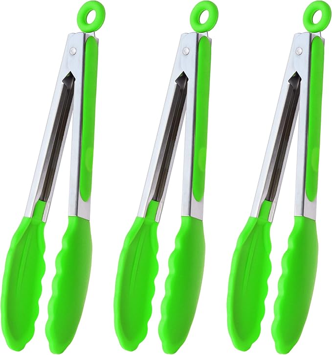 HINMAY Silicone Tongs 9-Inch Stainless Steel Locking Kitchen Tongs, Set of 3 (Green)