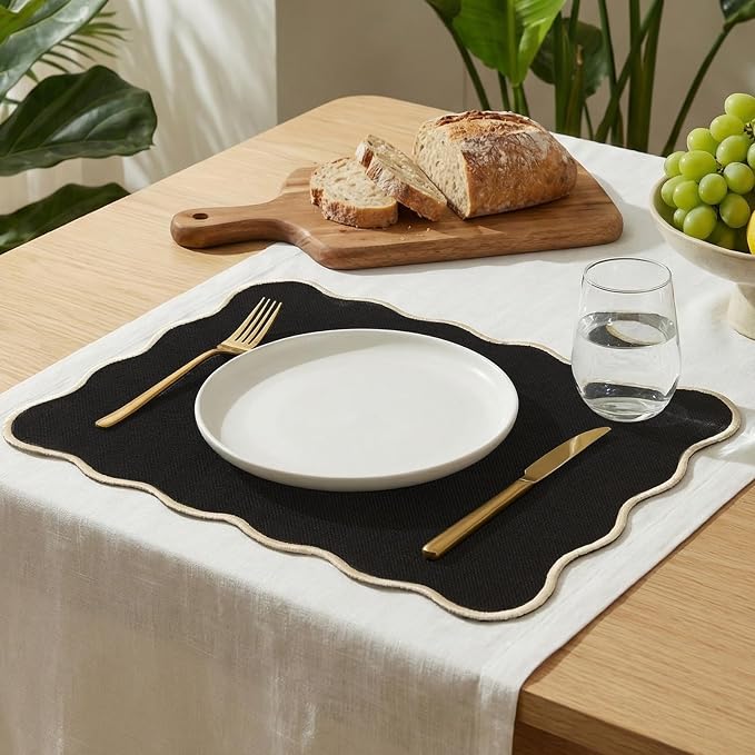 AHHFSMEI Faux Linen Placemats Set of 6 Heat Resistant Non-Slip Stain Proof Table Mats for Kitchen Dining Elegant Decor Place Mats (Black)