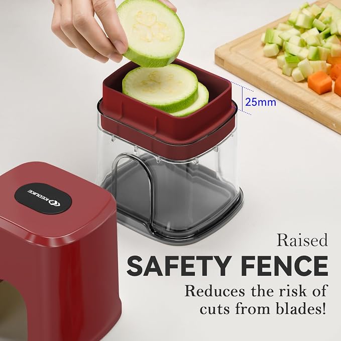 KEOUKE Multifunctional Vegetable Chopper Red - 3 Interchangeable Blades Potato French Fry Cutter with Container & Storage Box Food Chopper Dicer for Cucumber, Tomato, Carrot, Onion