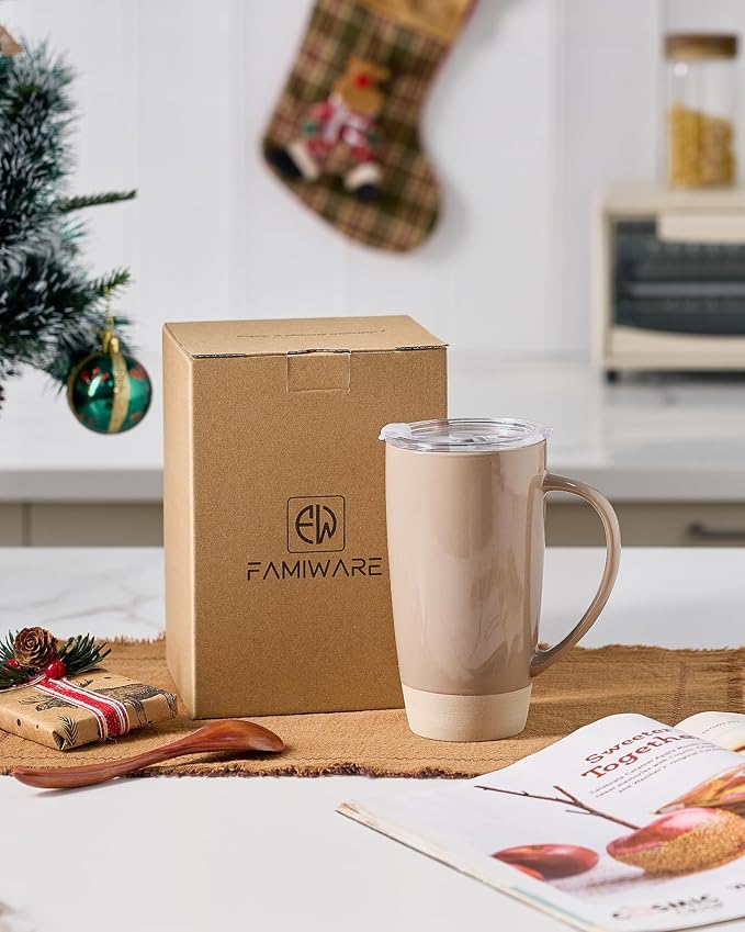 famiware Milkyway Coffee Mug, 20oz Large Coffee Mug, Ceramic Mug with Lid, Tea Cup with Handle for Latte, Tea, Cocoa, Milk, Home & Office, Cinnamon Brown