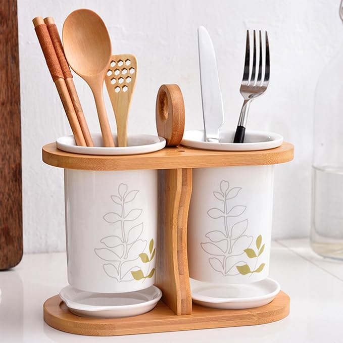 Dxcaicc Kitchen Utensil Holder for Countertop, Ceramic Silverware Caddy with Wooden Rack,Rustic Flatware Holder with Drain Tray,for Spoon, Fork, and Knife