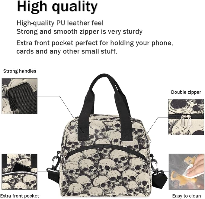 Halloween Skull Skeleton Insulated Lunch Bags for Women Girls Adult Ethnic Reusable Lunch Tote Therma Cooler Bag with Shoulder Strap Lunch Box for School Work Office Picnic Meal Prep Bag