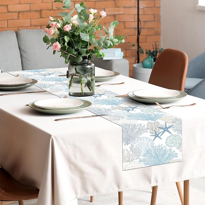 Coastal Table Runner 13x90 Inch Blue Summer Beach Nautical Table Runners Modern Kitchen Dining Table Decor Rustic Coffee Table Dresser for Home Holiday Party Decor (13"x90", Coastal)