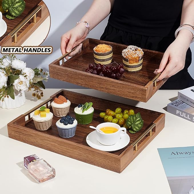 2pcs Wooden Serving Trays for Party with Metal Handles Rectangle Ottoman & Decorative Tray for Coffee Table Jewelry Tea Food Breakfast Eating Tray for Rustic Home & Kitchen Decor