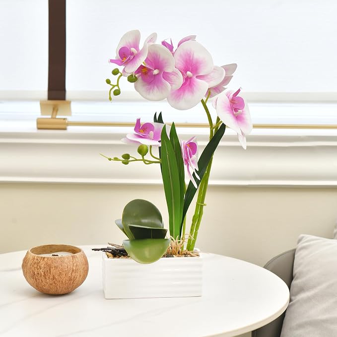 Artificial Real Touch Orchid Flowers in Pot Fake Phalaenopsis Flower with White Ceramic Vase Faux Orchids Arrangement for Home Table Office Wedding Party Decoration (Light Purple)