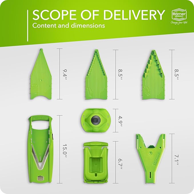 Börner Mandoline Slicer V5 (Professional Set) • Adjustable Vegetable Slicer (7-piece) • 10 Cutting Styles • Kitchen Slicer incl. Docking Station • Stainless Steel V-Blade • Color: Green