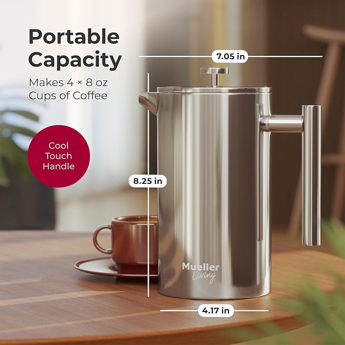 MuellerLiving French Press Coffee Maker 34oz, Stainless Steel French Press Coffee, 4 Filter Heat Resistant Double Insulated, Rust-Free, Food Grade, Dishwasher Safe Coffee Pot | 34oz | Stainless Steel | 4 Filter Heat Resistant Double Insulated | Rust-Fr...