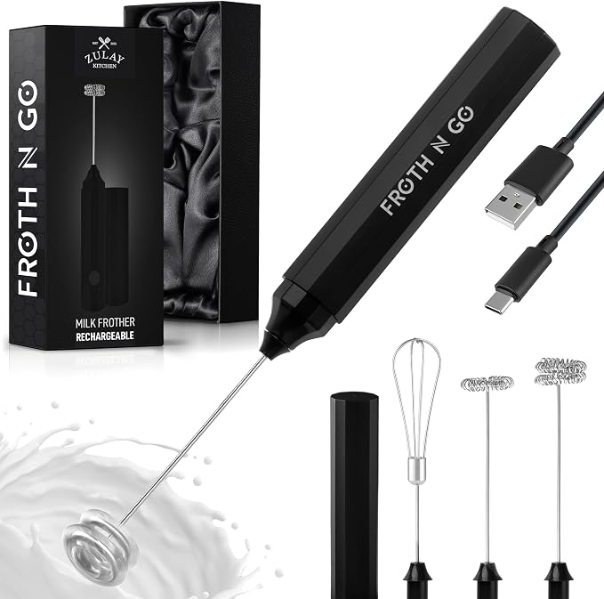 Zulay Froth N Go Milk Frother – 3-in-1 Handheld Frother Wand with Travel Case & USB-C Charger – Single, Double & Egg Whisk for Latte, Cappuccino, Matcha, Protein Shakes - Deep Black