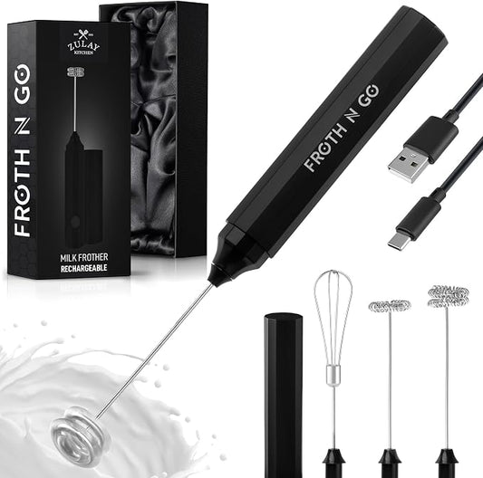 Zulay Froth N Go Milk Frother – 3-in-1 Handheld Frother Wand with Travel Case & USB-C Charger – Single, Double & Egg Whisk for Latte, Cappuccino, Matcha, Protein Shakes - Deep Black