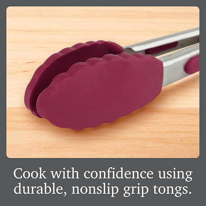 Tovolo Stainless Steel Tongs with Silicone Tip Set 9" 12" with Easy Lock Mechanism for Grilling Air Fryer Cooking Serving Salad, Heat Resistant Silicone Tipped Kitchen Tongs Sangria Red Black