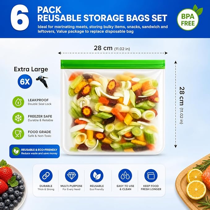 6-Pack Reusable Gallon Silicone Freezer Bags – Extra-Thick & Leakproof | BPA-Free, Eco-Friendly & Plastic-Free | Stand-Up Design | Perfect for Meal Prep, Marinating, Storing Meat, Vegetables & More