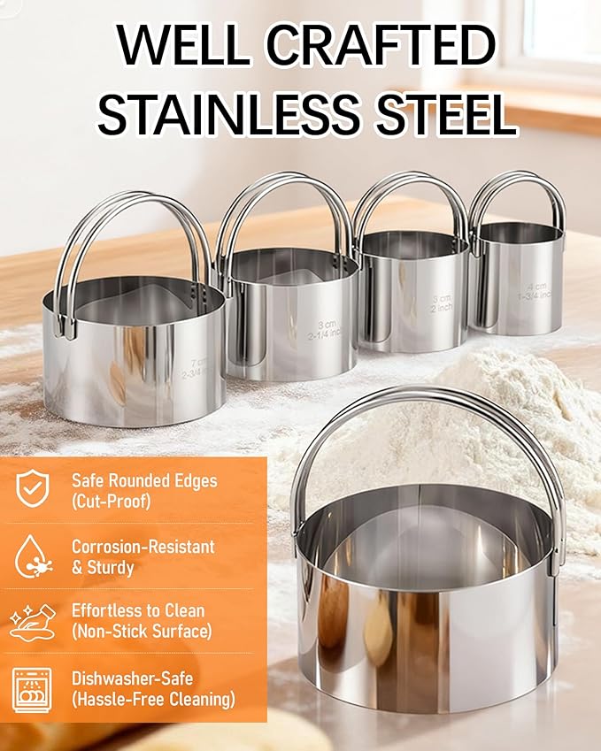 Biscuit Cutter Set with Handle, 5 Piece Stainless Steel Round Cookie Cutter Tool, Multi Size Circle Dough Donut Cutters for Baking Cakes, Biscuits, Pastry Dough