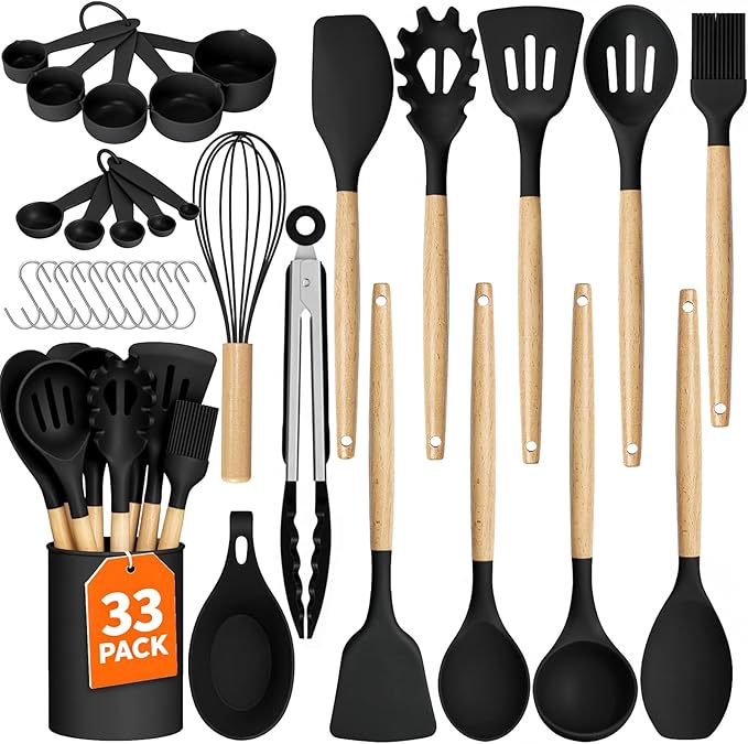 WISELIFE Kitchen Utensils Set - 33 PCS, Heat-Resistant Silicone Cooking Utensils Set with Wooden Handle, BPA-Free Kitchen Gadgets Spatula Sets with Holder for Nonstick Cookware (Black)