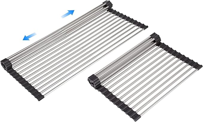 Large Telescopic Drain Rack Roll Up Rack Heat-Resistant Dish Drainer Kitchen Sink Rack Over the Sink Dish Drying Rack Stainless Steel Dish Rack (18 Tube 21.25''x12.79'')