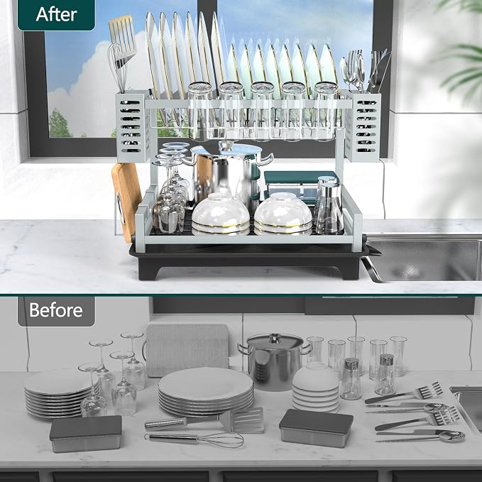 B-Land Dish Drying Rack, 2 Tier Dish Racks for Kitchen Counter, Large Dish Drying Rack with Drainboard & Utensil Holders, Rust-Proof Dish Drainers,Kitchen Organization