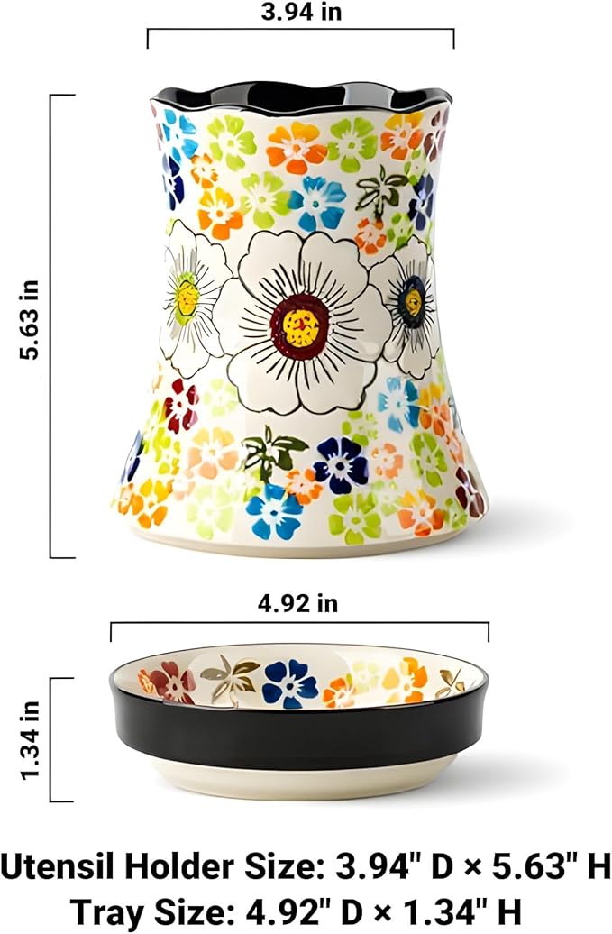 Utensil Holder for Kitchen Counter, Large Ceramic Utensil Holder Crock with Drain Tray, Hand-Painted Floral Rustic Farmhouse Kitchen Crock, Perfect for Women, Christmas, Hostess Gifts & Fall Decor