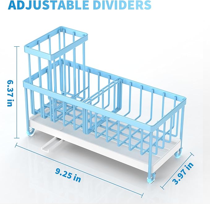 Cisily Sponge Holder for Kitchen Sink, Sink Caddy Organizer with High Brush Holder, Kitchen Countertop Organizers and Storage Essentials, Rustproof 304 Stainless Steel (Blue, 9.25″)