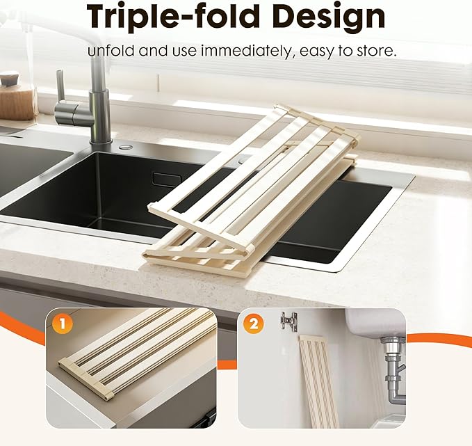 Foldable Over Sink Dish Drying Rack, Extra Wide & Thick Rust-Proof Aluminum Sink Cover for Counter Space, Collapsible Dish Drying Rack Fits Most Kitchen Sinks (White, 20.5“x13.6)
