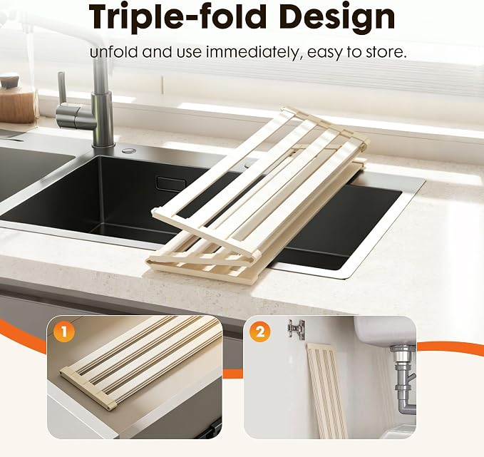 Foldable Over Sink Dish Drying Rack, Extra Wide & Thick Rust-Proof Aluminum Sink Cover for Counter Space, Collapsible Dish Drying Rack Fits Most Kitchen Sinks (White, 13.8“x13.6)