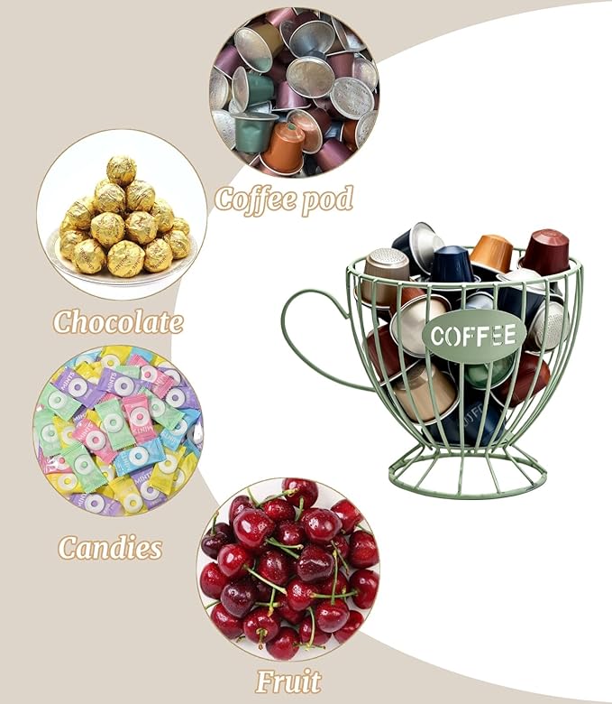 Metal Coffee Pod Holder Wire Coffee Pods Storage Basket Espresso Capsule Storage for Home Kitchen Cafe Hotel (09 Green cup)