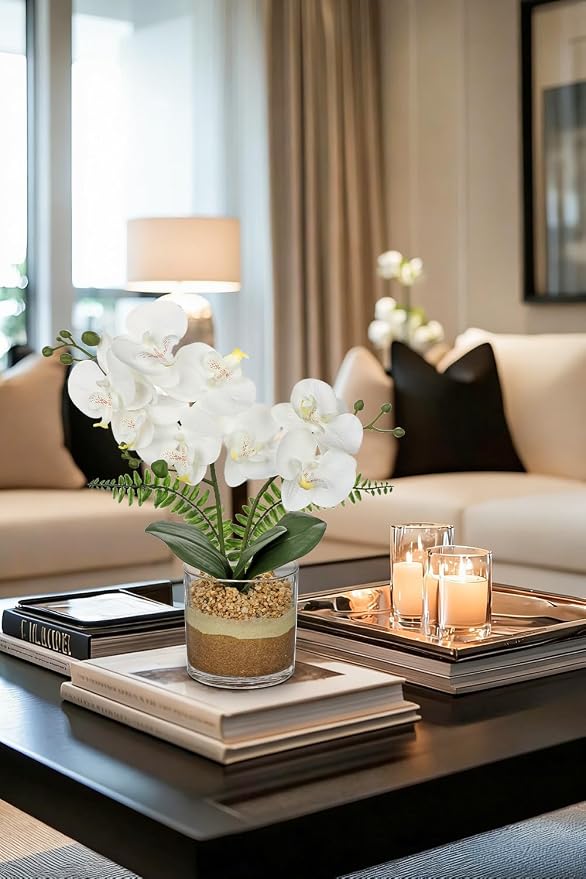 Oairse White Orchids Artificial Flowers with Vase Faux Orchids Plant in Pot | 13.7“ Phalaenopsis Orchid Flower Arrangements White Centerpiece for Kitchen Dining Room Table Bathroom Shelf Desk Decor