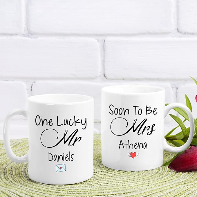 Customized Couple Mug For Valentines Day, Personalized One Lucky And Soon To Be Coffee Mug Gifts For Couple, Lover Gift, Set Of 2 Mug, Custom Women And Men Mug With Name, White 11oz Or 15oz