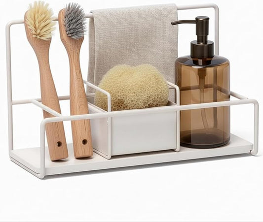 LIBKEN Kitchen Sponge Holder with Drying Stone – Warm Grey Powder Coated Metal Sink Caddy – Minimal Scandinavian Design Sponge Rack for Kitchen Sink Organization & Elegant Countertop Storage