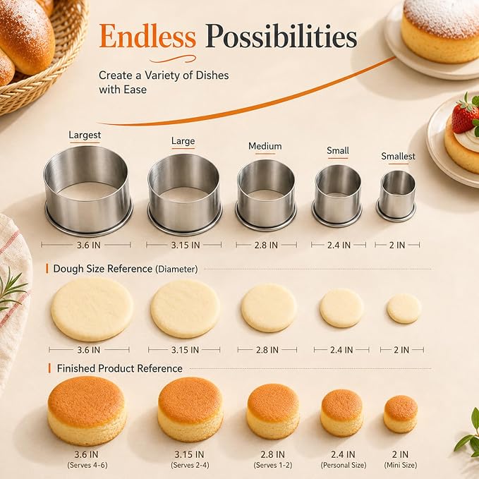 Biscuit Cutters, Round Cookie Cutters/Stainless Steel Dumpling Skin Cutters/Cake Pastry Cutters/Cake Cookie Scone Cutters Molds stamps for Cooking Baking (5Pcs, Plain Edge)