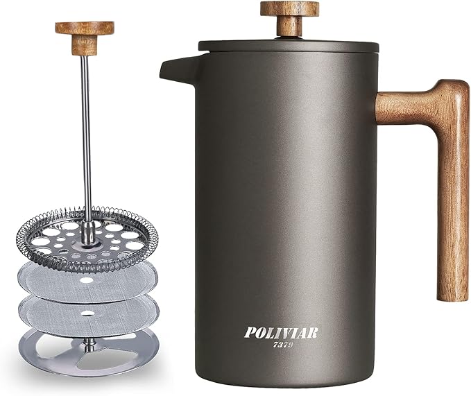 POLIVIAR French Press Coffee Maker, 34 oz | Real Wood Handle Coffee Press, Double Wall Insulation, Dual-Filter Screen, Food Grade Stainless Steel, For Coffee and Tea