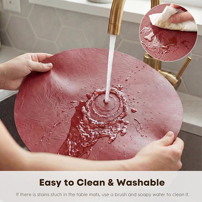 Artoid Mode Red Faux Leather Placemats Set of 4, 15 Inch Waterproof Wipeable Heat Resistant Vinyl Place Mats, Reversible Table Mats for Christmas Kitchen Dining Decor