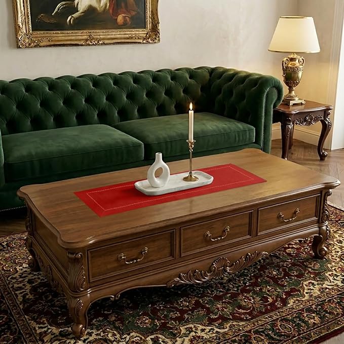 Signature Linen™ by D'Moksha Racing Red Table Runner 48 Inches, 100% Pure Linen, Hemstitch, Coffee Table Runner, 14 x 48 Inch for Dresser Tables- Summer, Father's Day