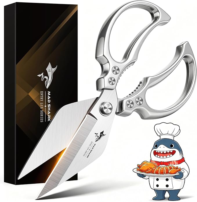 MAD SHARK Heavy Duty Kitchen Shears, Dishwasher Safe All Purpose Kitchen Scissors, Premium Sharp Poultry Shears for Turkey, Meat, Seafood, Vegetables, Stainless Steel Blades (Silver)