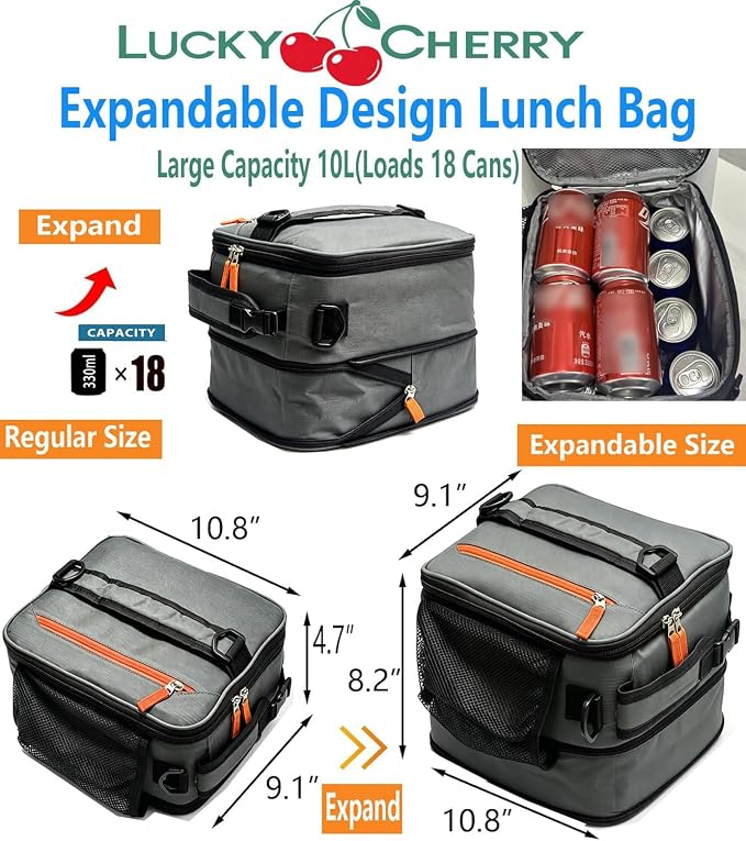 Expandable(18cans) Lunch Box Insulated Lunch bag for Men Youth Teens Adult Portable Stylish Small Lunchbox With Shoulder Strap for Working Office school Picnic Outdoor