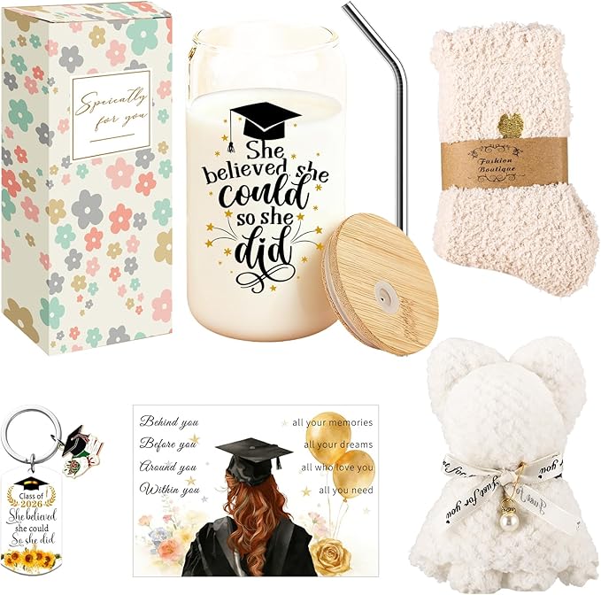 Graduation Gift for Her 2026 - 16oz Glass Cups with Lids and Straws, Coffee Mug Gift Set for Women, College Graduate Gift Box, Master Degree Doctorate Nursing PHD, Congrats Class of 2026 (White 3)
