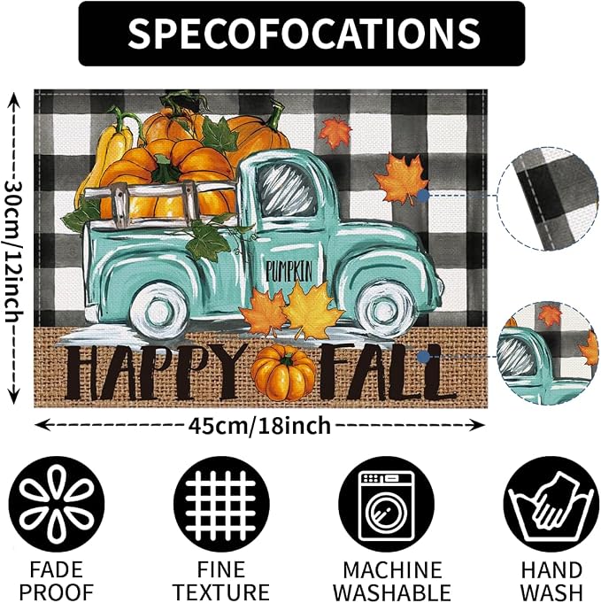 Niviy Buffalo Plaid Check Pumpkins Truck Thanksgiving Fall Placemats Set of 4, 12x18 Inch Autumn Table Mats for Holiday Party Kitchen Dining Room Decoration