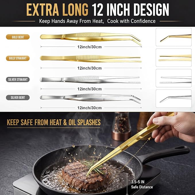 Hicarer 4 Pack Kitchen Tweezers Tongs 12 Inch Stainless Steel Cooking Tweezers for Chef Professional Gold and Silver Precision Plating Tongs for Grilling BBQ Sushi Meat Fish Pasta Cocktail