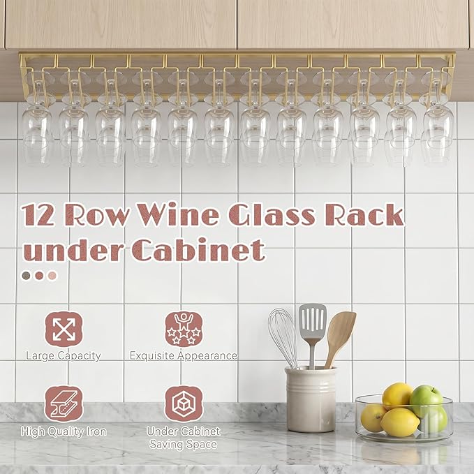 Xverycan Wine Glass Rack Under Cabinet, 12 Row Extreme Large Stemware Hanger, Metal Wine Goblet Holder, DIY Bar Glass Storage Rack for Bar Counter, Kitchen, Screws Included (Gold)