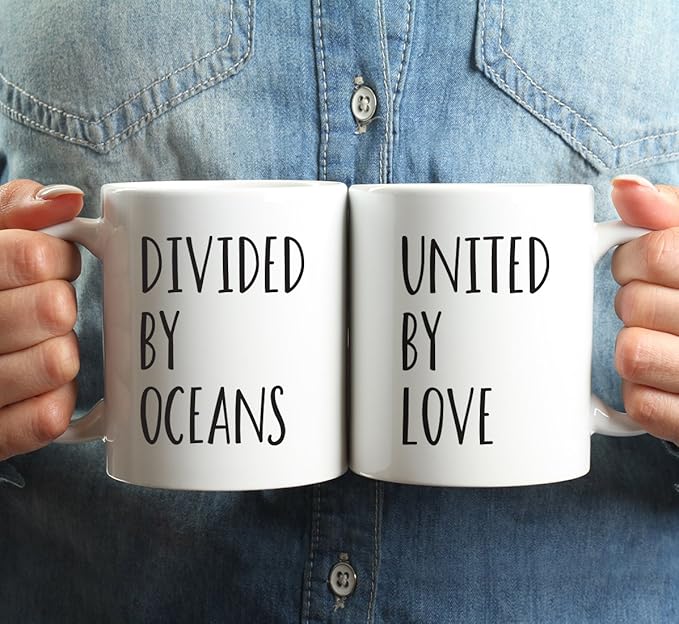 Andaz Press 11oz. Ceramic Ceramic Valentines Day Coffee Mugs Wedding Anniversary Couples Gift Set, Divided By Oceans, United By Love, 2-Pack, Destination Moving Away Girlfriend Boyfriend Gift Ideas