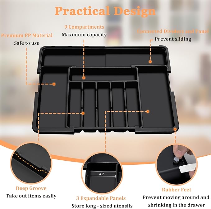 Spaclear Silverware Organizer Expandable Kitchen Utensil Drawer Organizer Large BPA Free Adjustable Cutlery Silverware Tray for Spoons Forks Knives Storage Divider for Kitchen Flatware 6-9 Slots Black