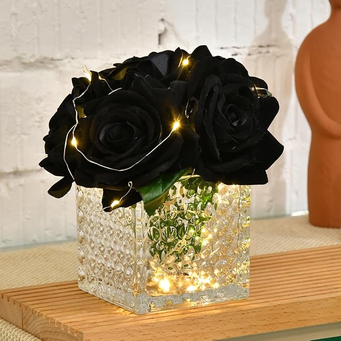 Fule Artificial Silk Rose Flower Centerpiece Arrangement in Glass Vase with LED Light for Home Wedding Decoration (Black)