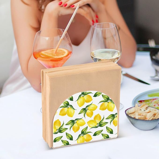 Yellow Lemon and Green Leaves on White Napkin Holder for Tables Paper Cocktail Napkin Holders for Kitchen and Dinning, Acrylic Dinner Napkin Dispenser for Restaurant Home Decor Bar Accessories 2 Pack