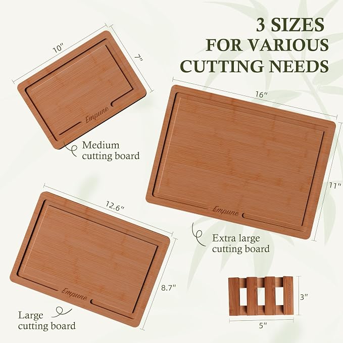 Empune Bamboo Cutting Boards for Kitchen, 3 Piece Extra Thick Cutting Board Set with Juice Groove, Deep Carbonized Bamboo Chopping Board, Reversible Wood Cutting Board for charcuterie boards, Brown