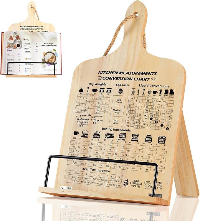 comfoyar Cookbook Stand for Kitchen Counter, Sturdy Recipe Book Holder with Adjustable Angle, Foldable Wood Cook Book Stand Holder with Measurement Conversion Chart for Baking, Easy Storage